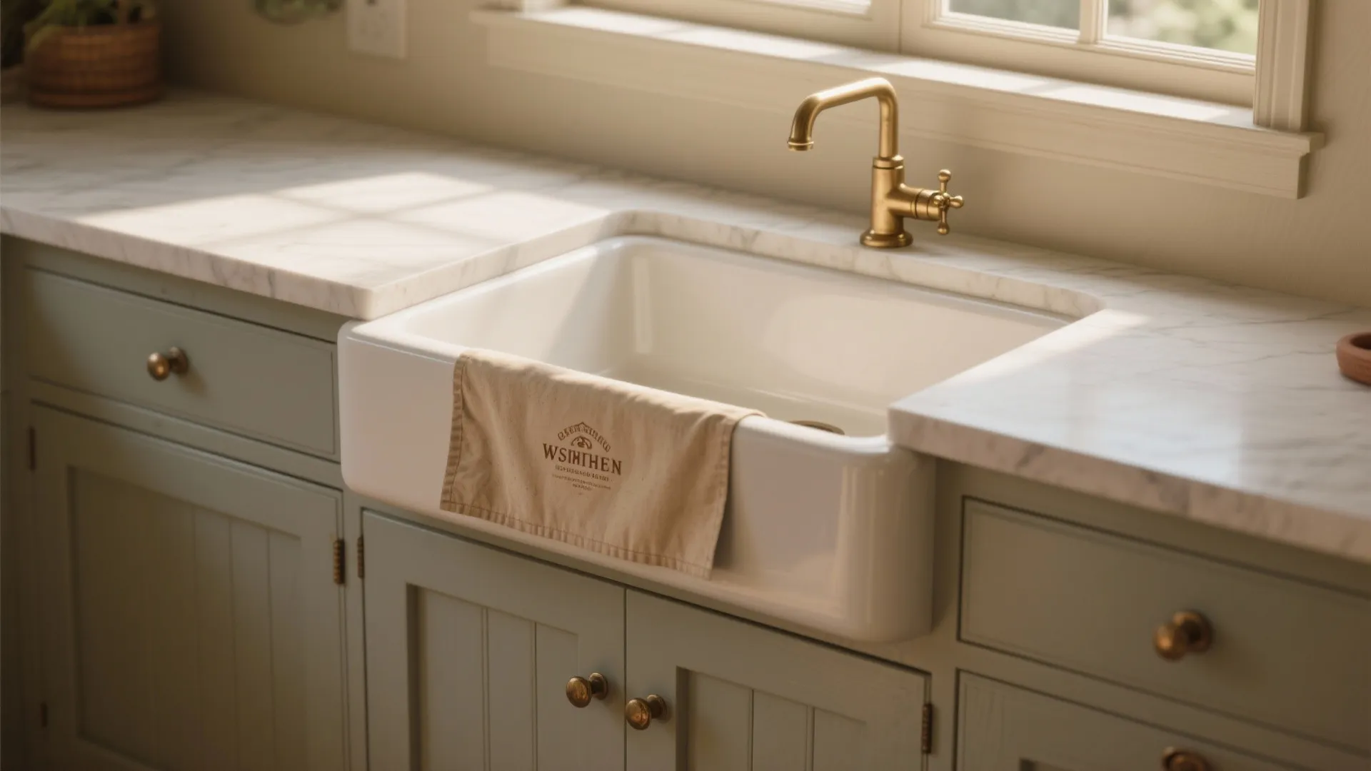 White farmhouse kitchen sink with a gold faucet set in marble countertops and green cabinets