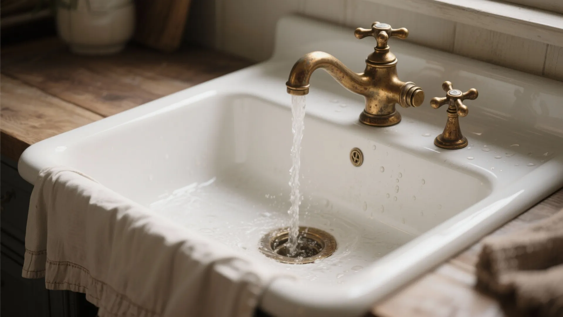 3. Apron-front Sink, Brass Fixtures, and Vintage Hardware