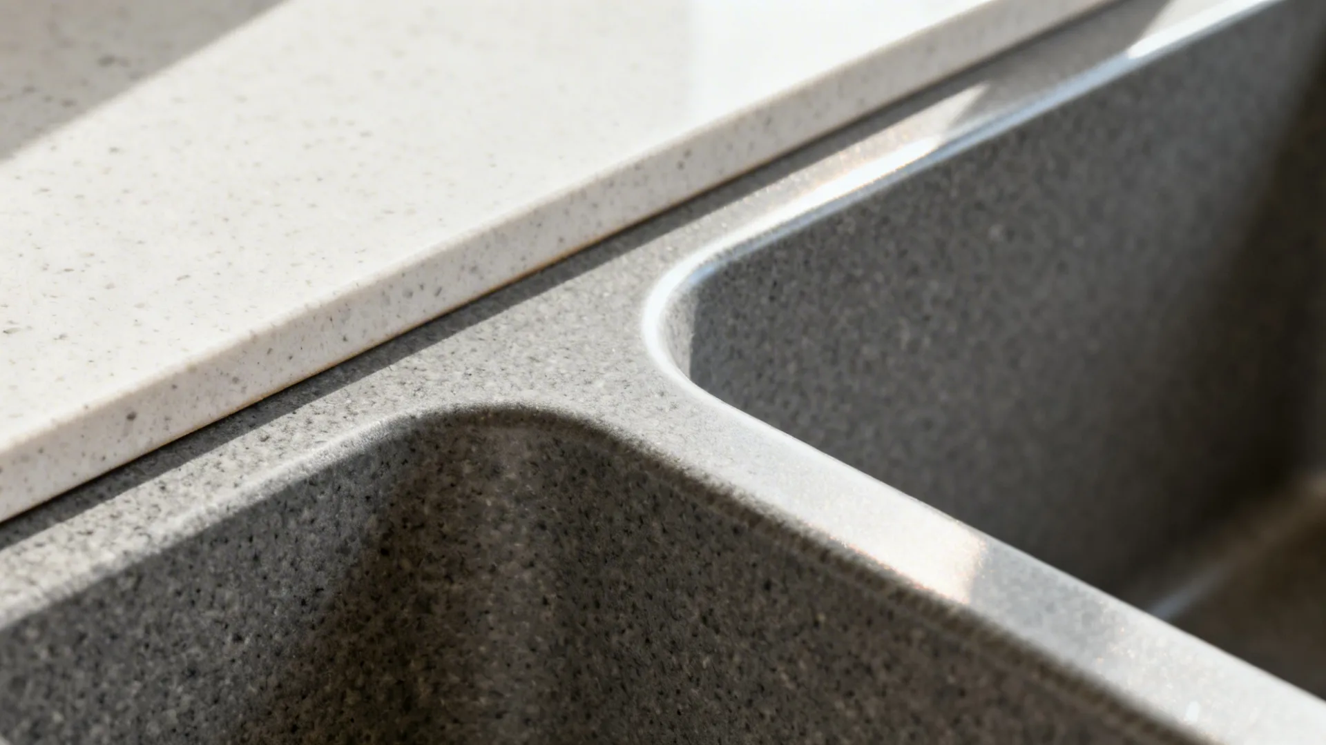 Macro of a matte granite composite apron-front sink edge and texture.
