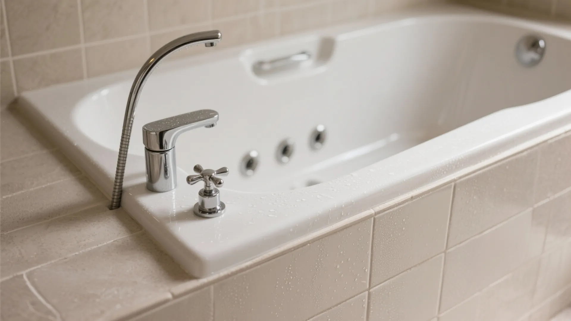 Macro of acrylic Jacuzzi tub apron and thermostatic valve with clean seams.