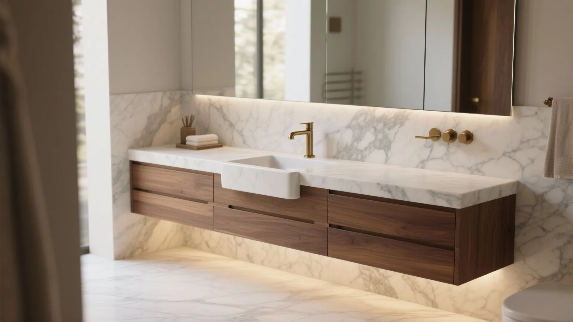 Floating Vanity with an Integrated Marble Apron Sink