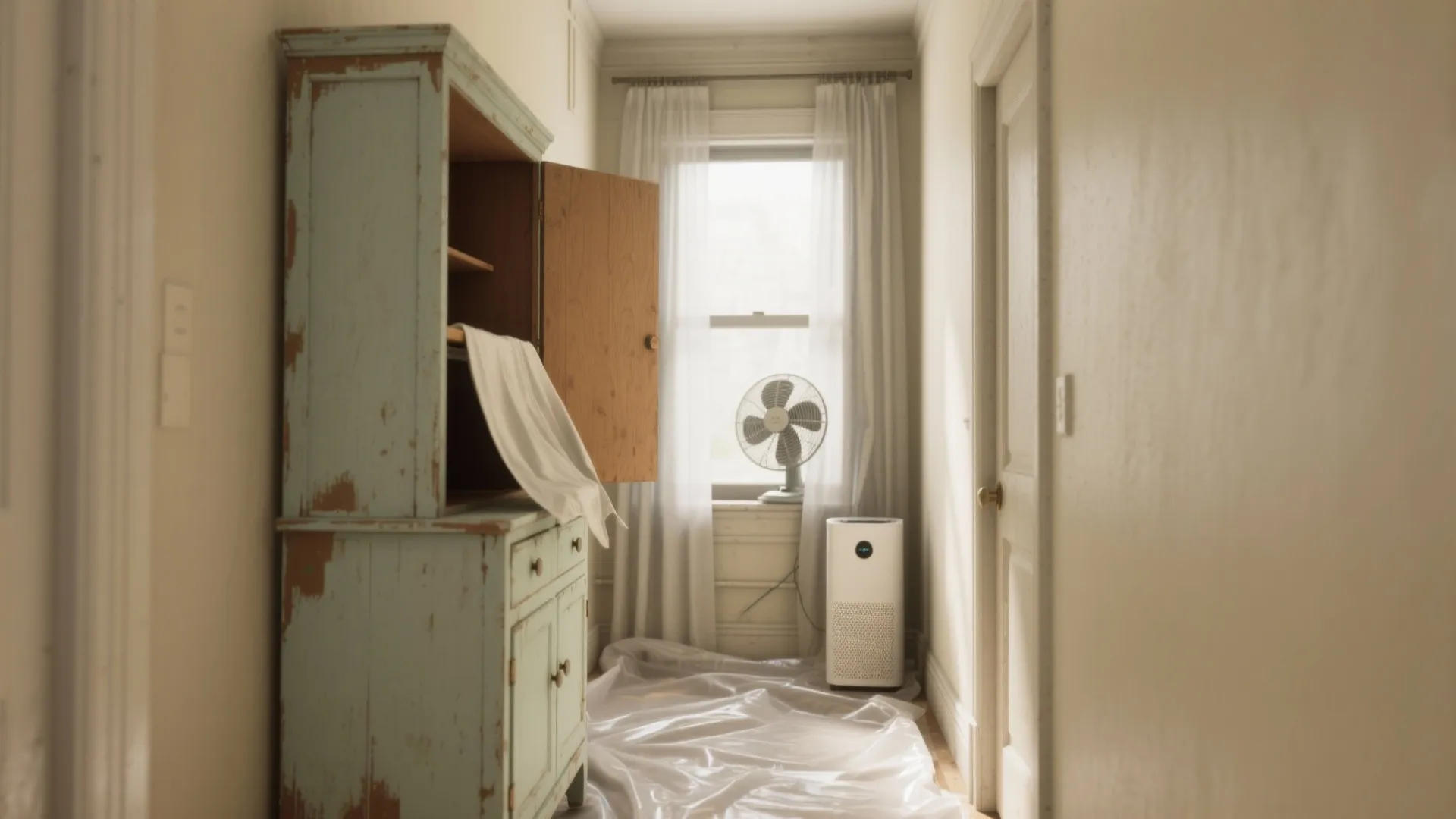 Old blue cabinet in hallway with air purifier and electric fan near a bright window