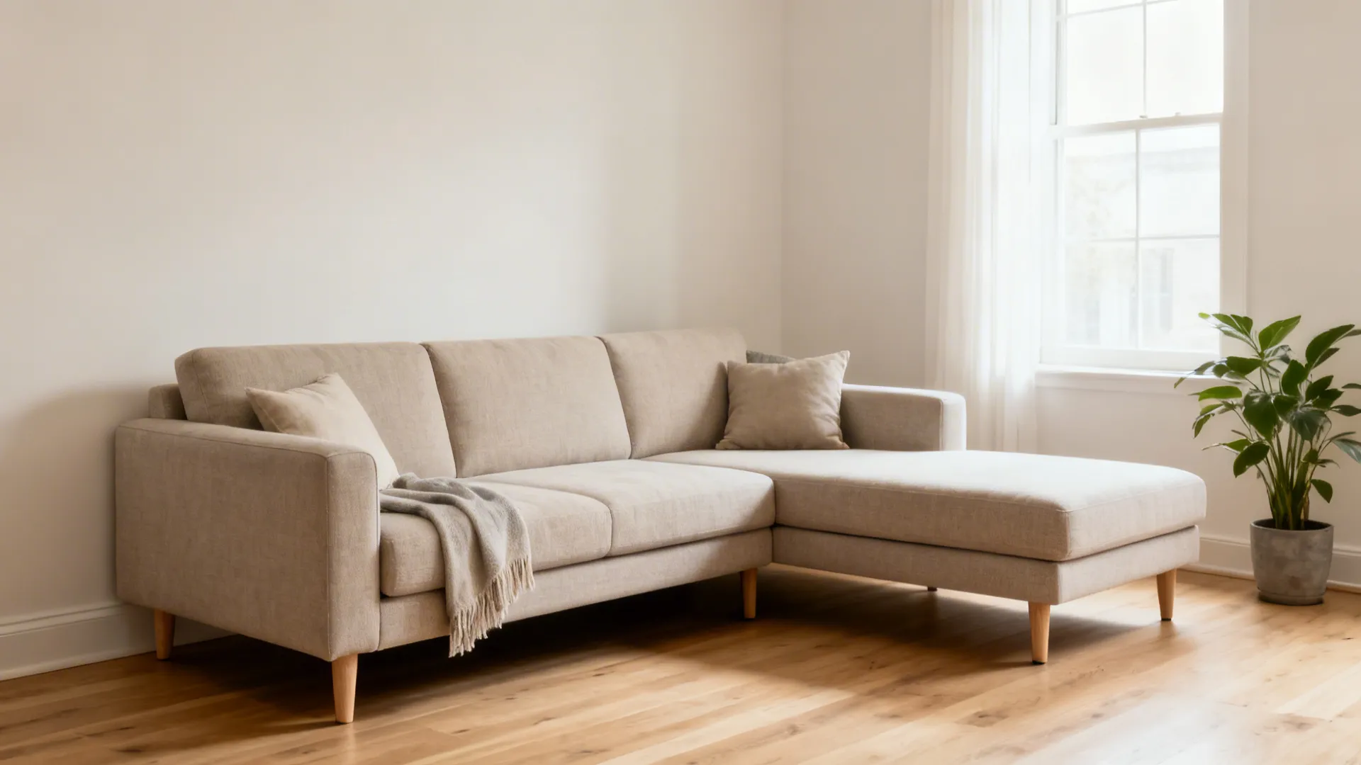 Compact reversible chaise sectional with elevated legs creating clear center circulation in a small living room.