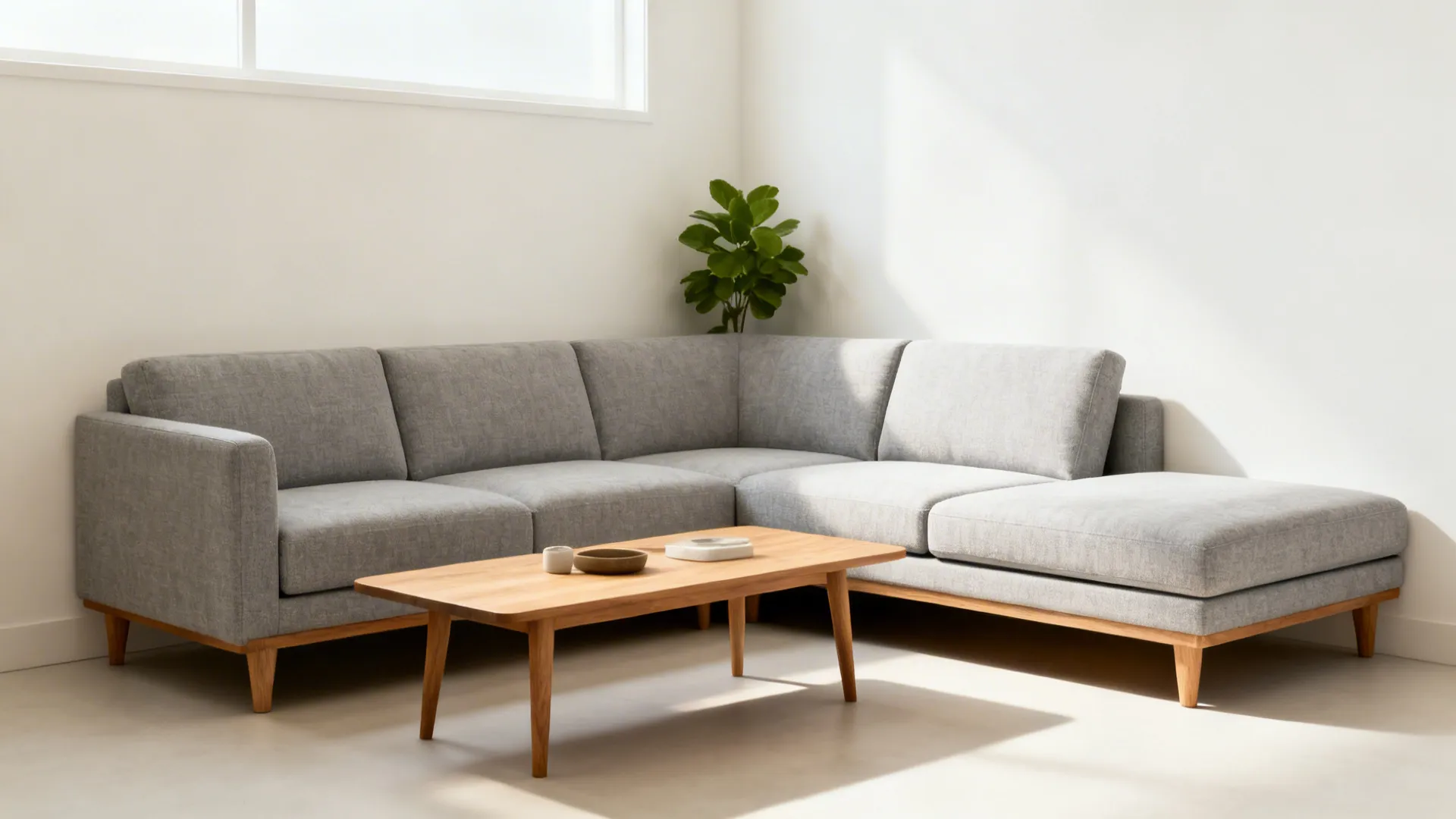 Apartment-size sectional with a reversible chaise hugging a corner to save space.