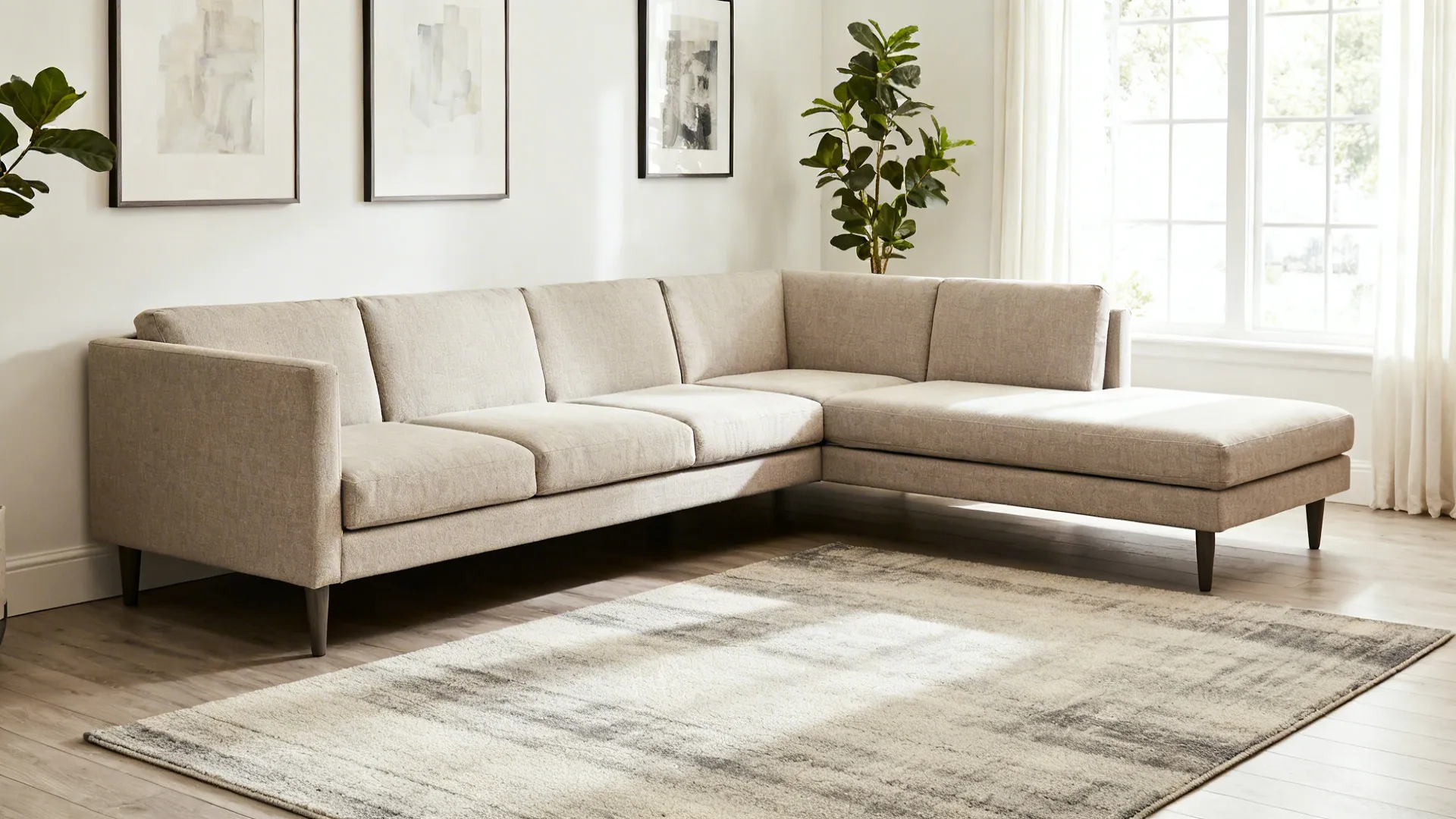 Apartment-size L-shaped sectional with reversible chaise floated from the wall.