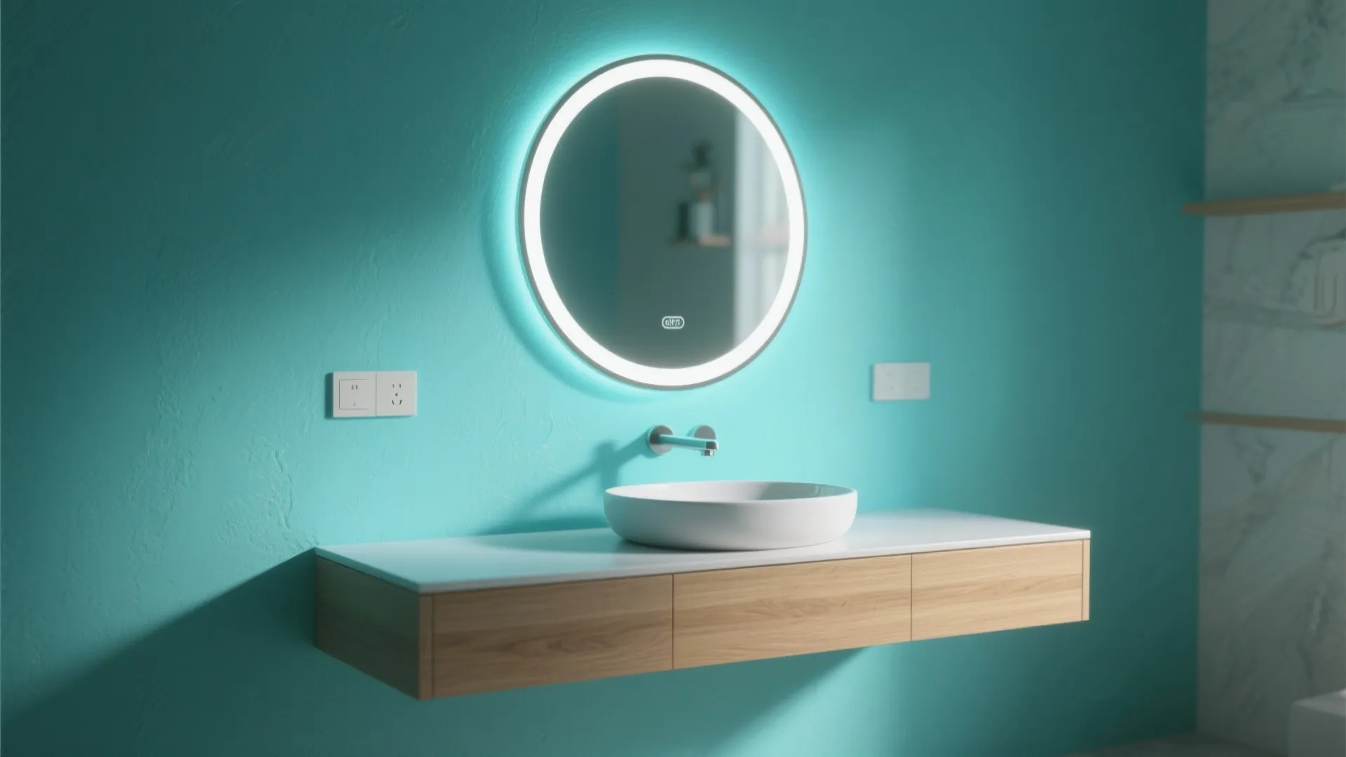 Aqua accent wall behind a floating vanity with balanced lighting and round mirror