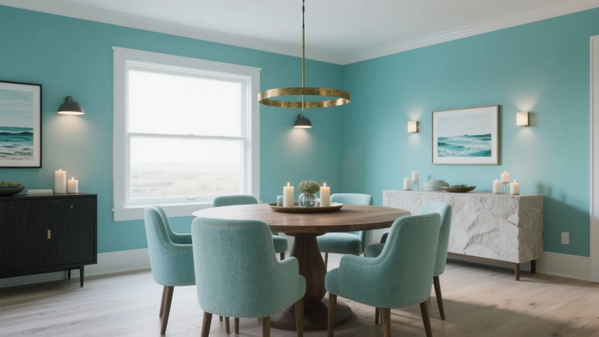 Aqua dining room with round wood table blue chairs gold ceiling light and white window