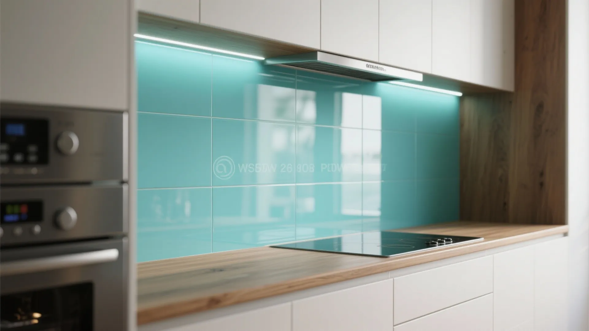 Modern kitchen with aqua glass wall tiles white cabinets wooden countertop and a black stove