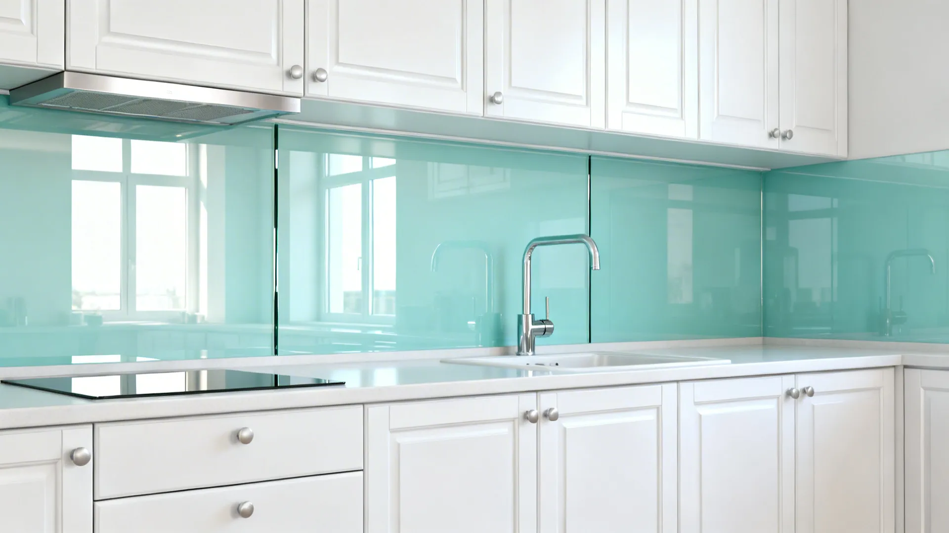 Compact kitchenette with white shaker cabinets and a reflective aqua glass backsplash.