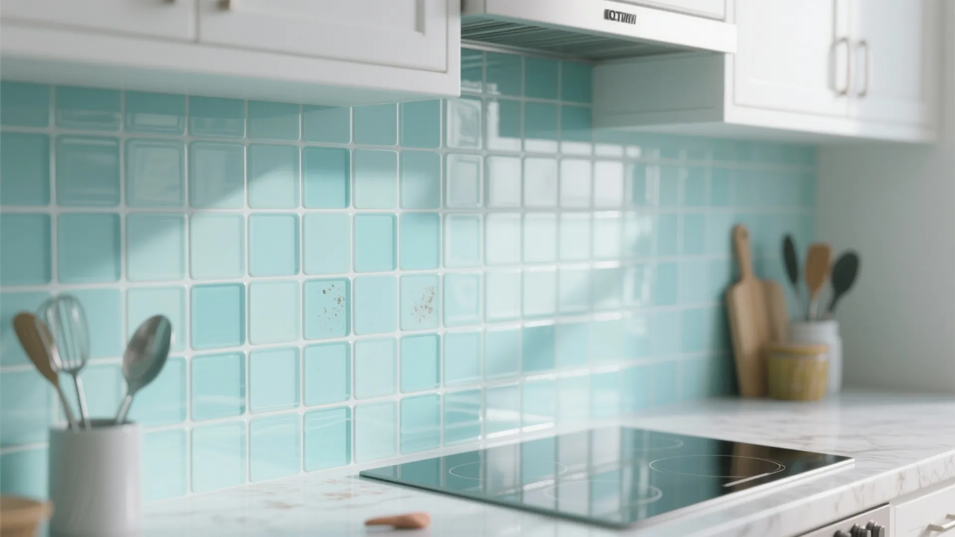 Pale aqua glass tiles reflecting daylight used as a splashback behind white kitchen cabinets.