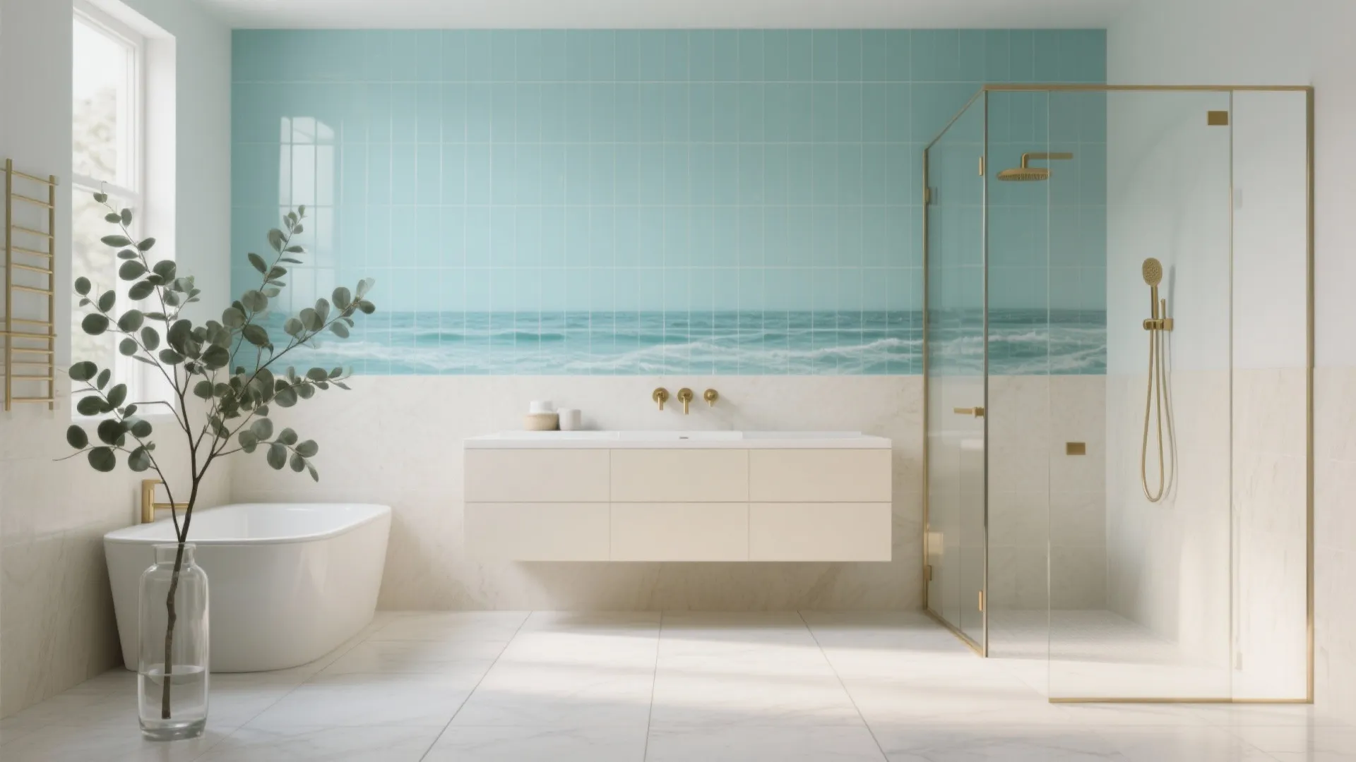 Spacious bathroom with blue ocean wall tiles white bathtub gold shower head and glass door