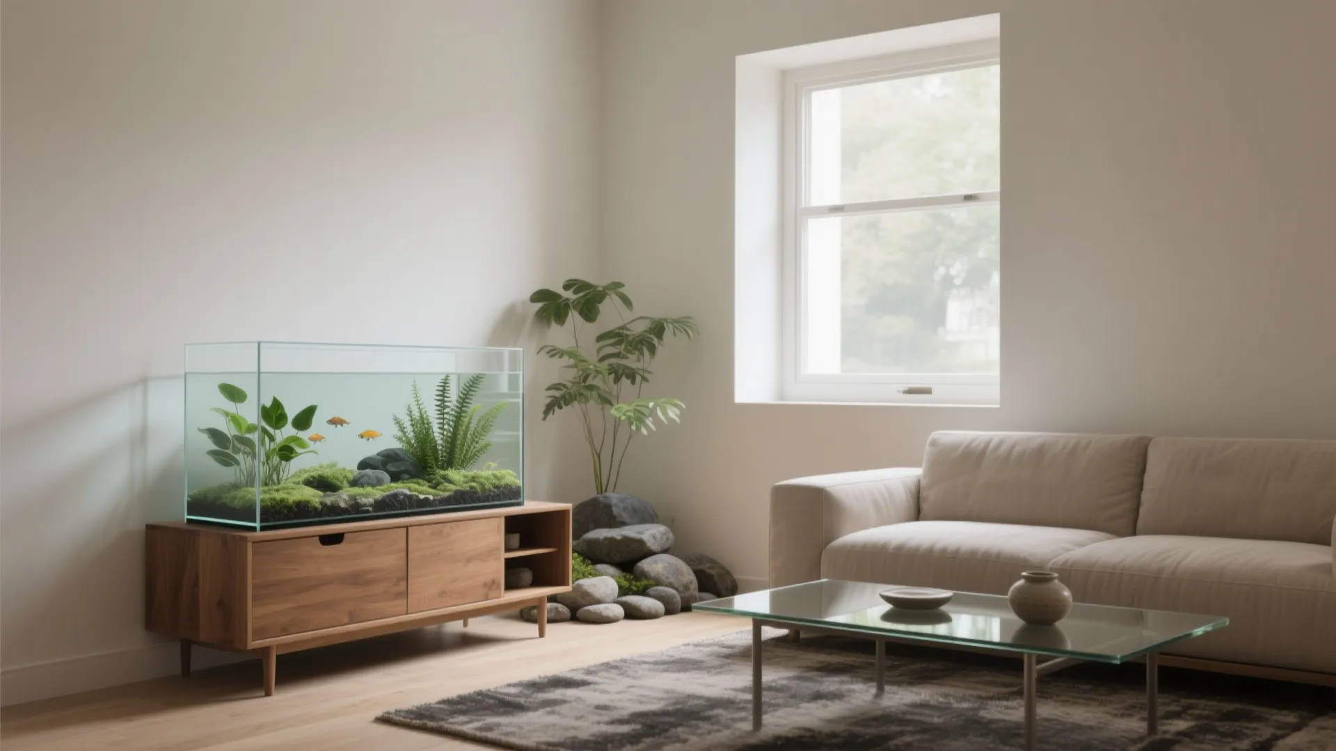 Minimalist living room featuring fish tank on wooden cabinet beige sofa and glass coffee table