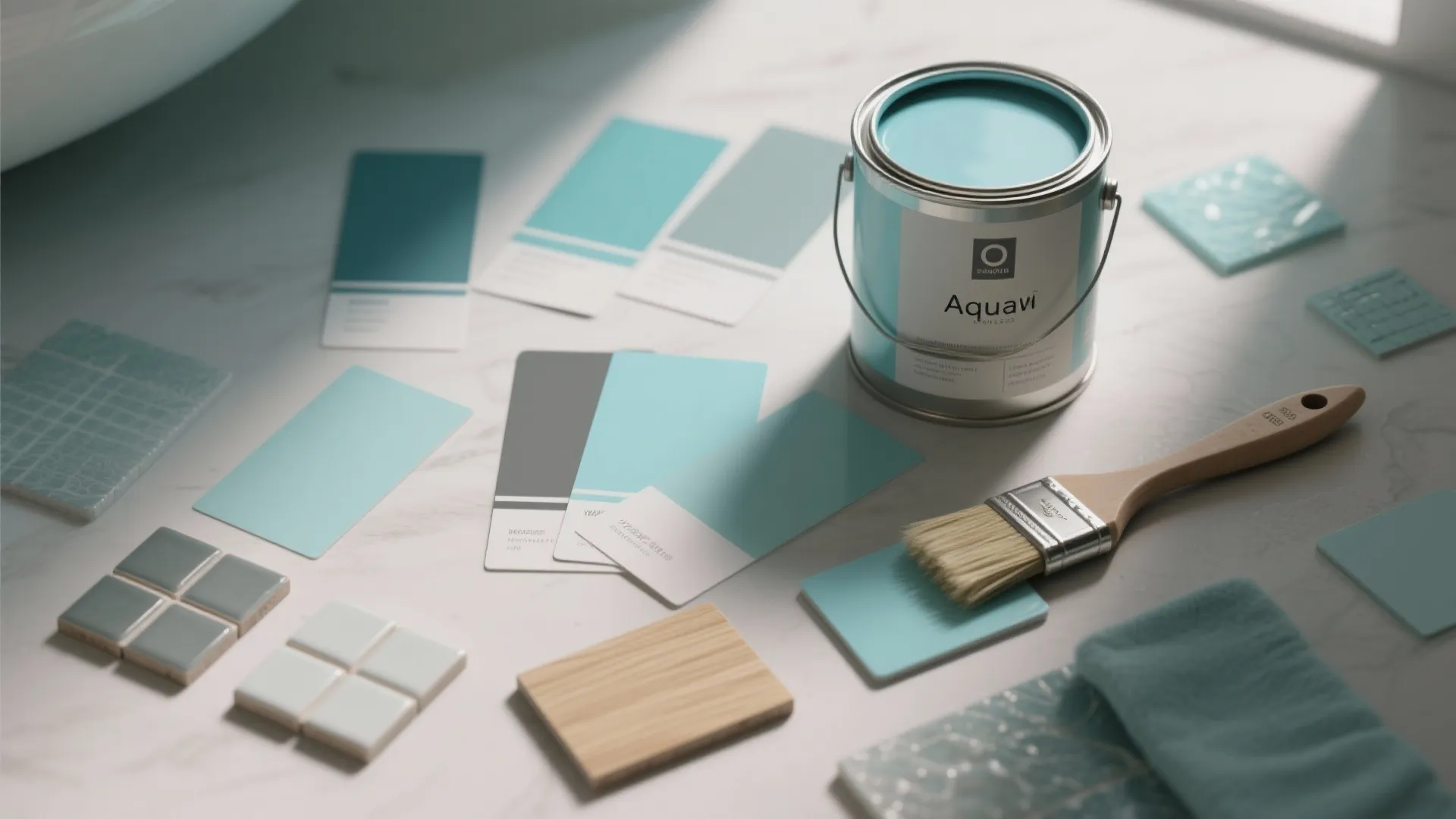 Paint swatches and material samples showing muted aqua tones, satin finish and wood tiles