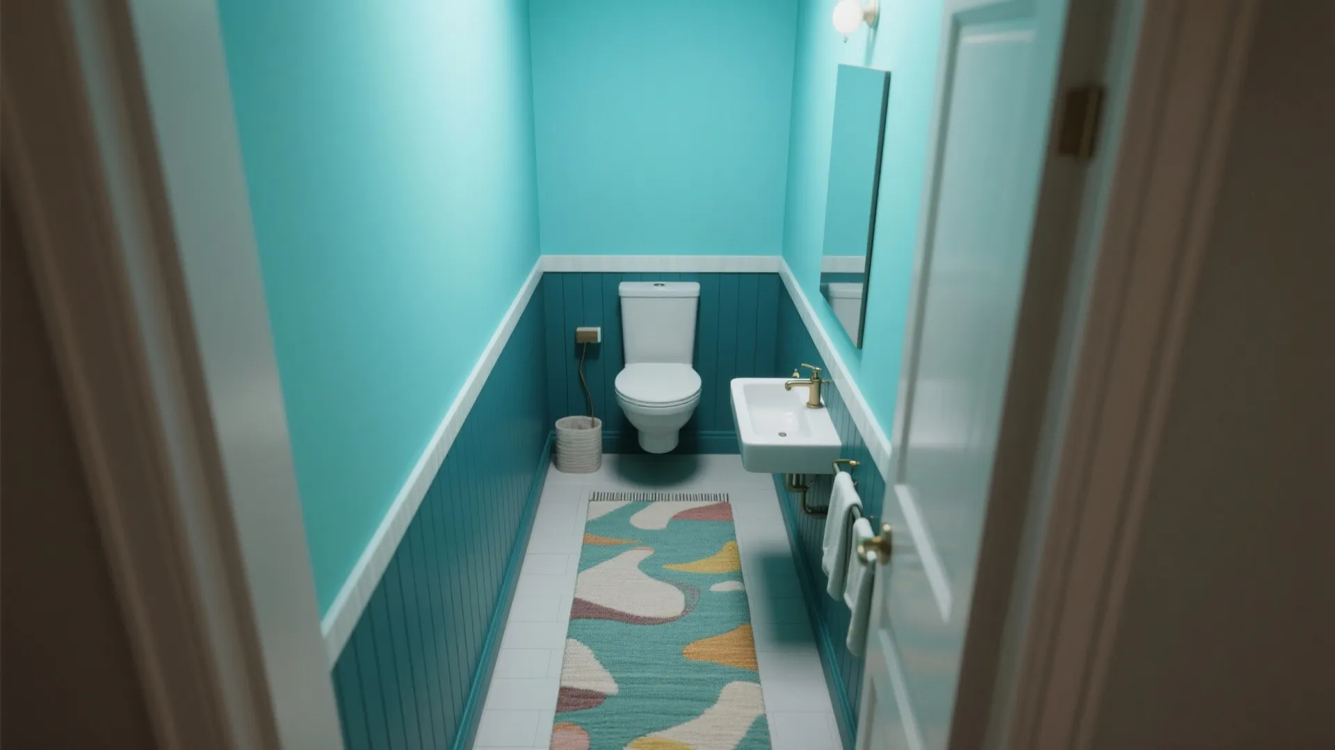 Narrow bathroom with two-tone aqua ombre or wainscoting showing darker lower walls and lighter upper walls