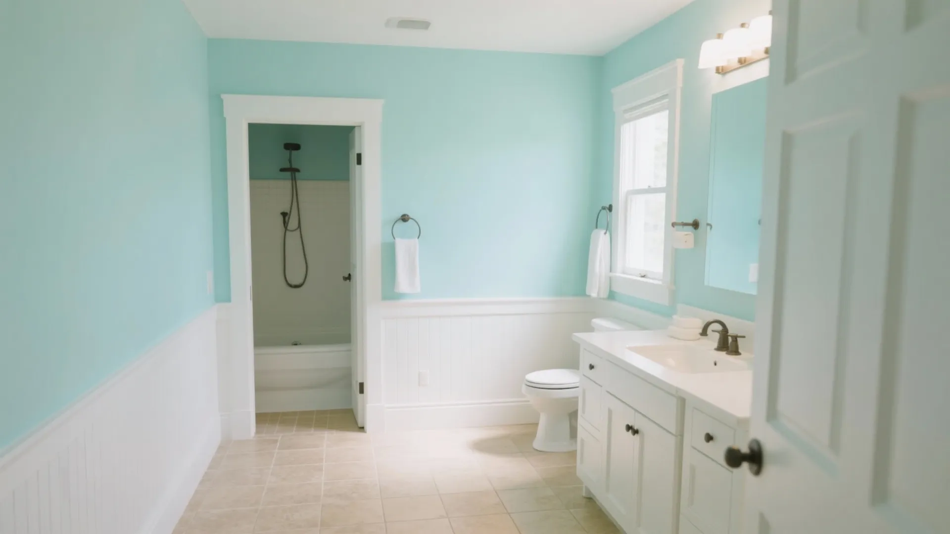 Light blue bathroom featuring white wall panel white cabinet toilet and doorway to shower area