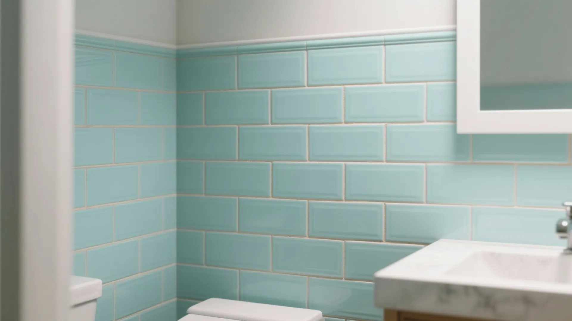 Stacked soft aqua subway tiles with matte finish and sand-toned grout in a small bathroom.