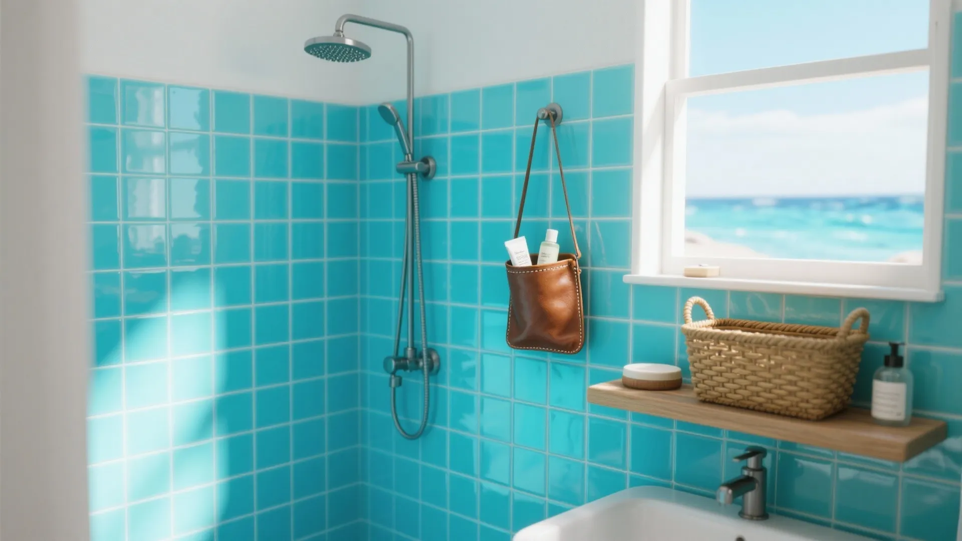 2. Sky blue tiles + leather accents