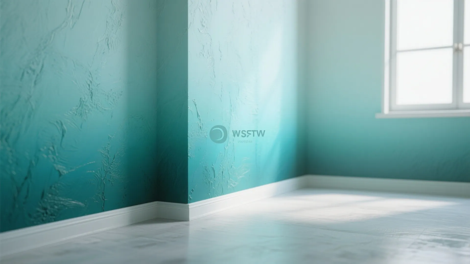 Interior wall gradient fading from light aqua near a window to deep teal in the corner, showing blended texture
