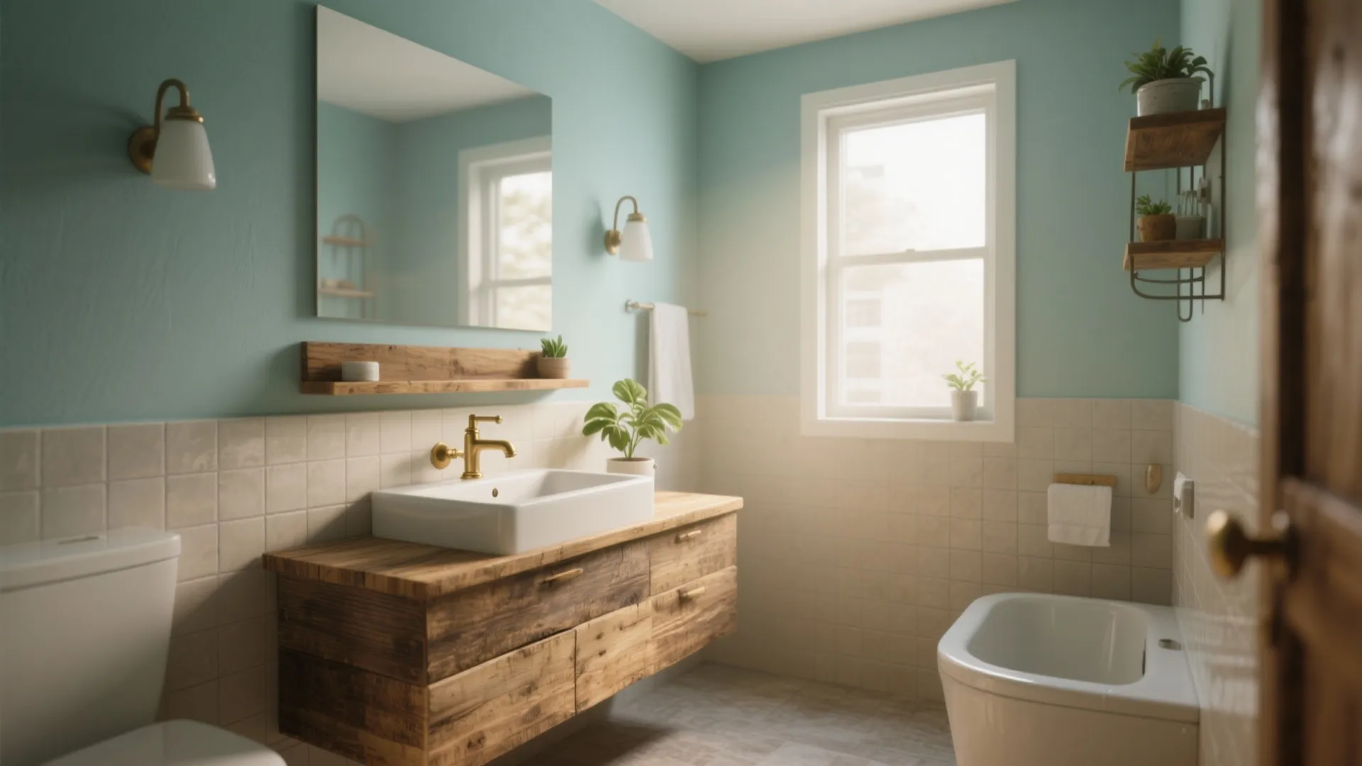 Small bathroom with muted aqua walls and warm reclaimed wood vanity for contrast