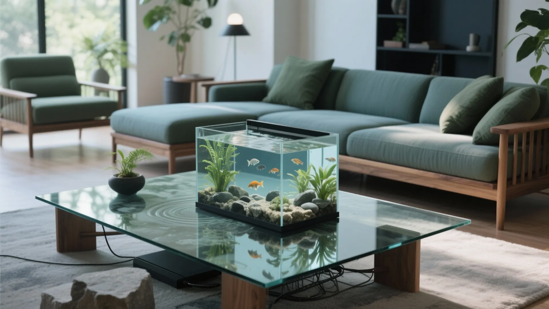 Fish tank with goldfish on glass coffee table in modern green living room with sofa
