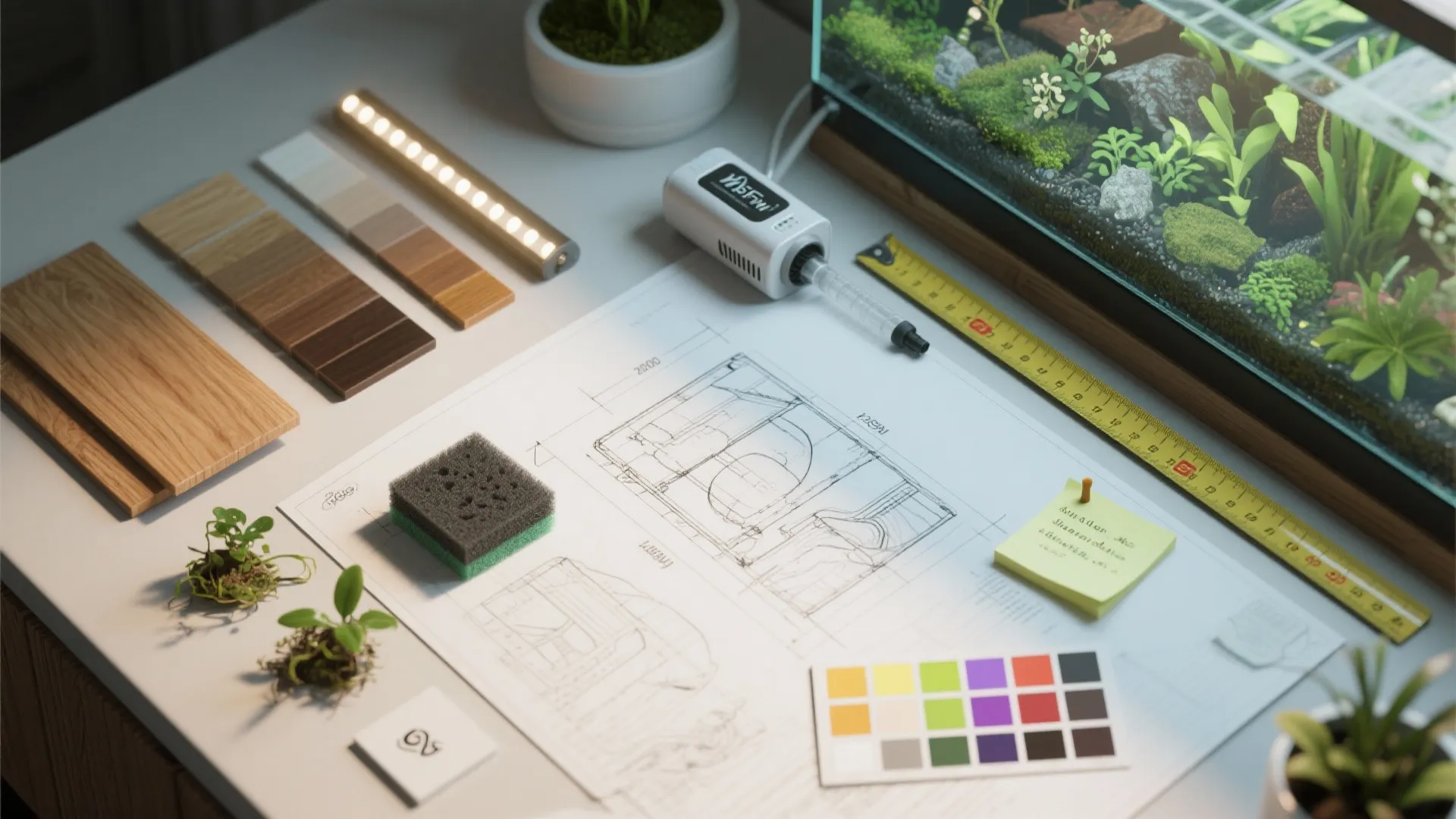 Desk with interior design drawing color samples wood pieces and tools for planning fish tank