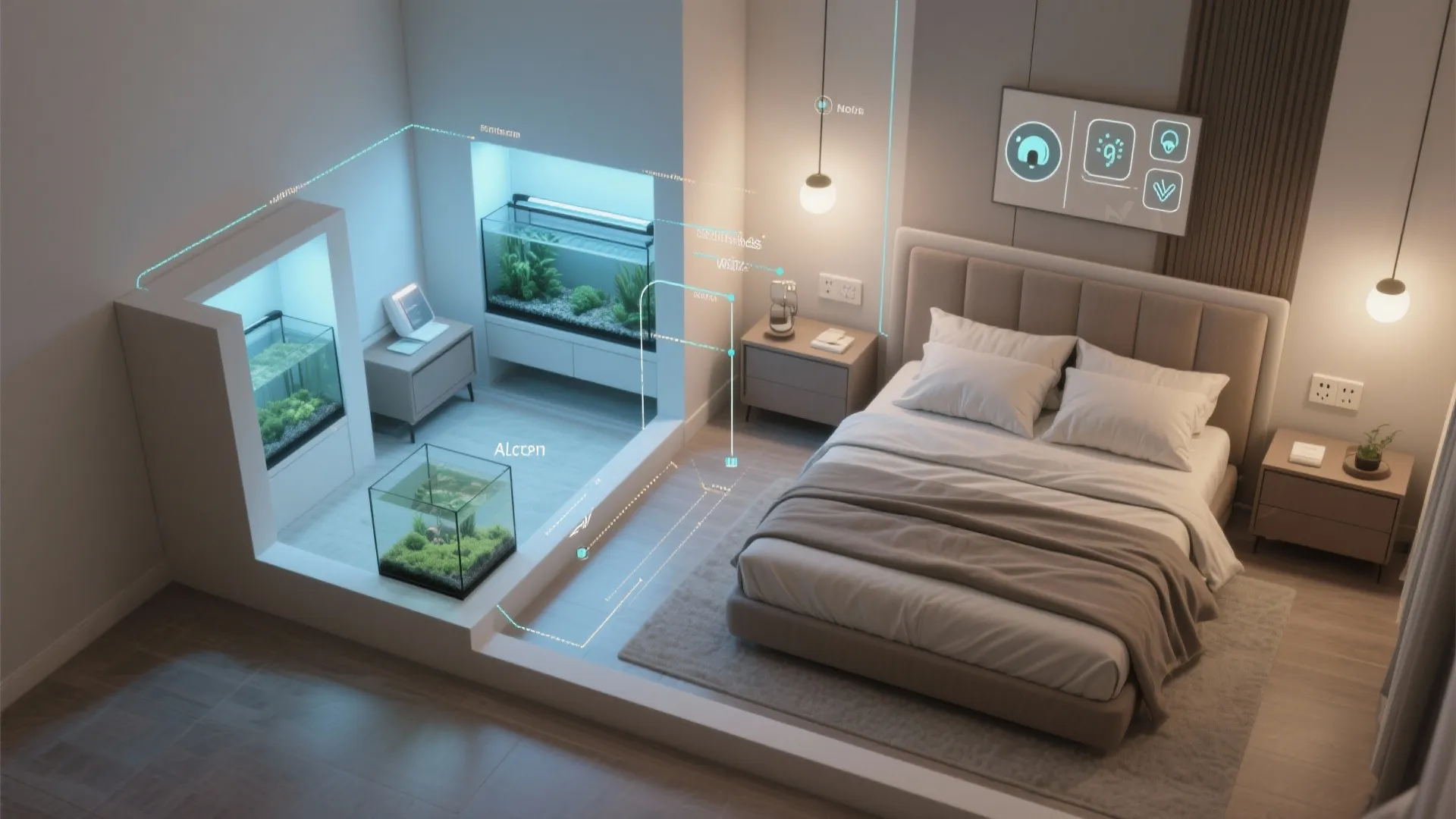 Bedroom interior design drawing showing three glass fish tanks integrated into the modern room layout