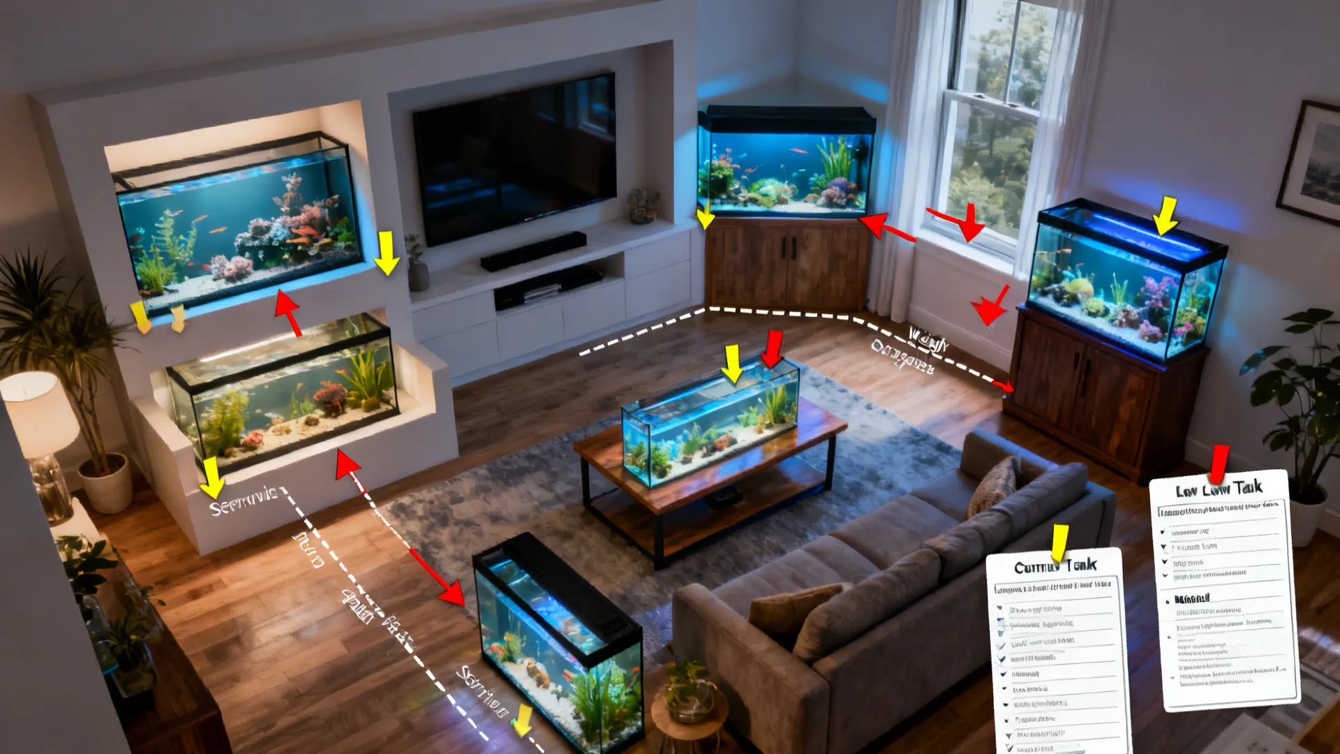 Top-down living-room planner with five aquarium layout options and service-access annotations.
