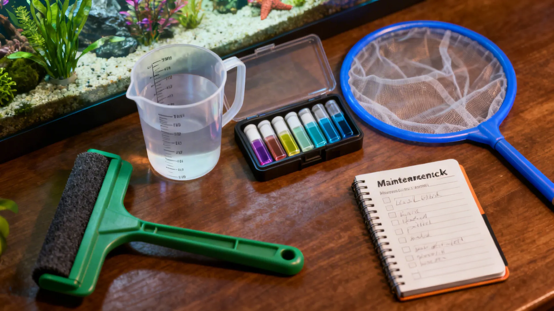 Aquarium maintenance kit with test strips, filter cartridge, net and checklist on a tabletop.
