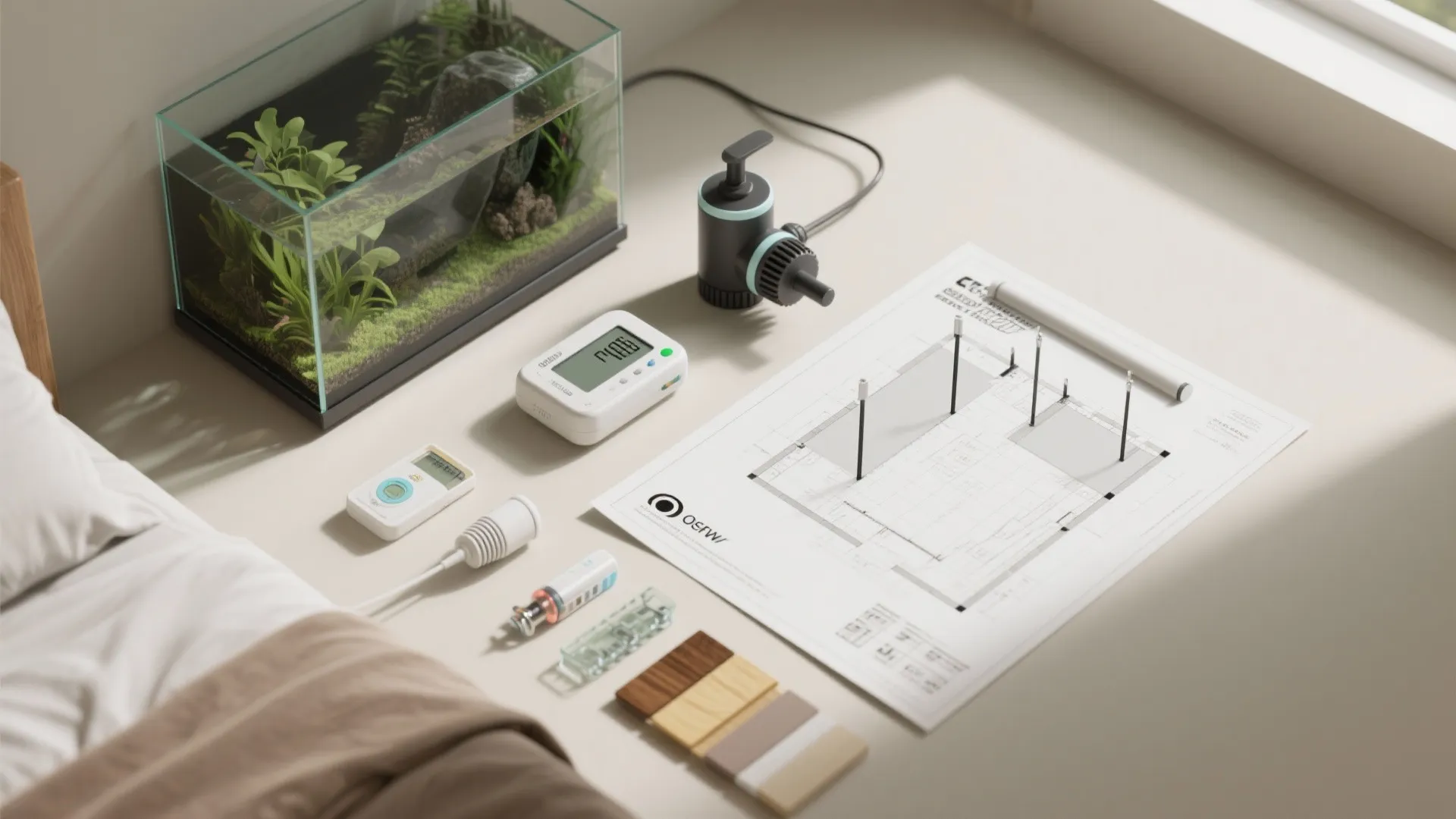 Flatlay of aquarium planning tools including pump, heater, test kits and floor planner printout.