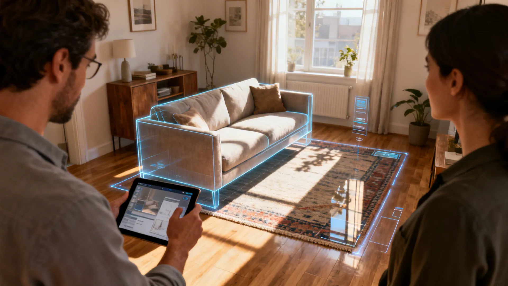 Designer using AR on a tablet to place a virtual sofa and rug in a real small living room