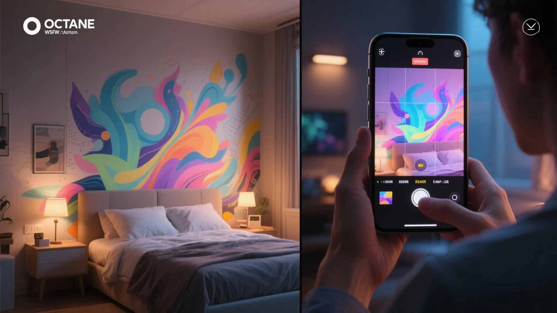 Person using phone to view colorful wall art over bed in a modern bedroom scene