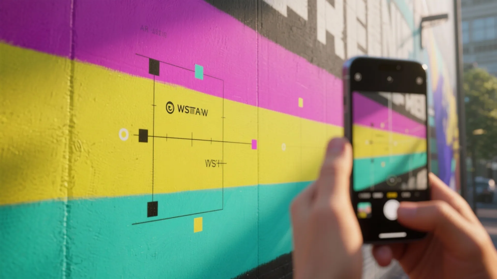 Person holding smartphone to capture a colorful wall mural with a technical design layout screen