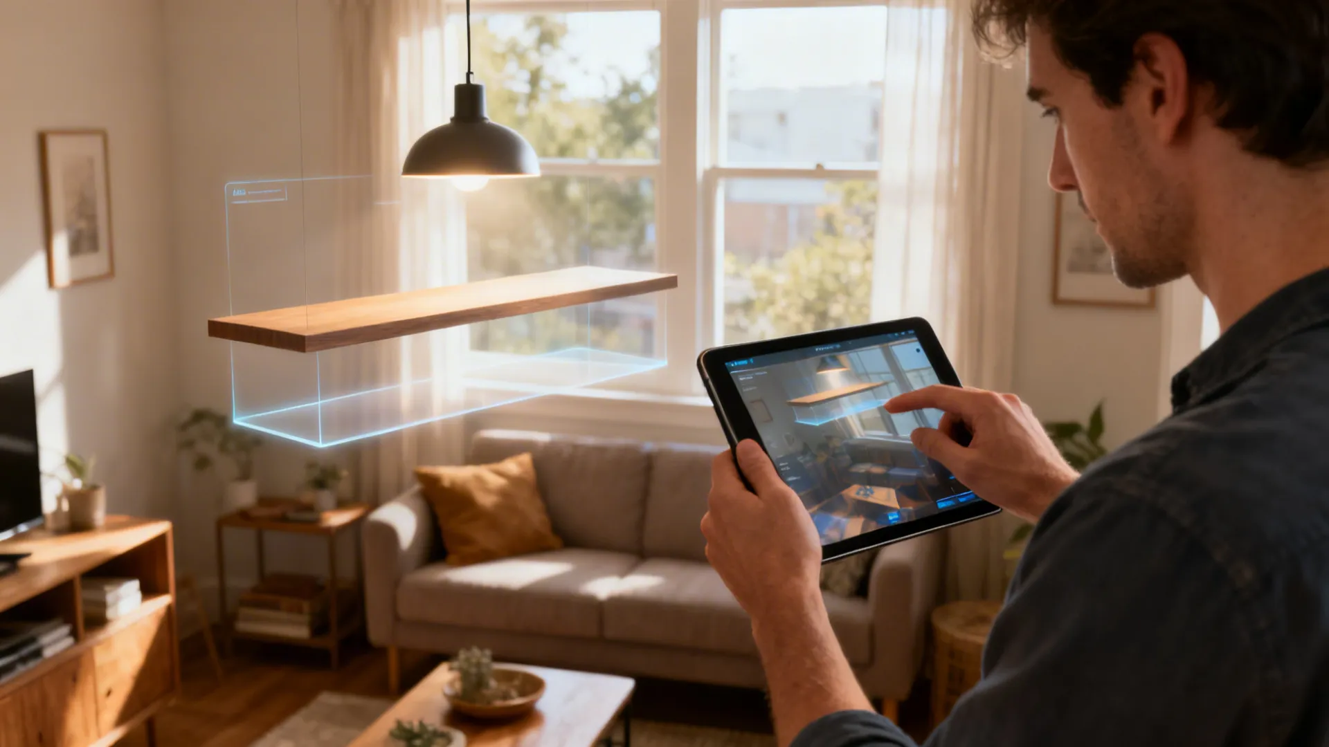 Person using AR on a tablet to preview a shelf and pendant light in a small room.