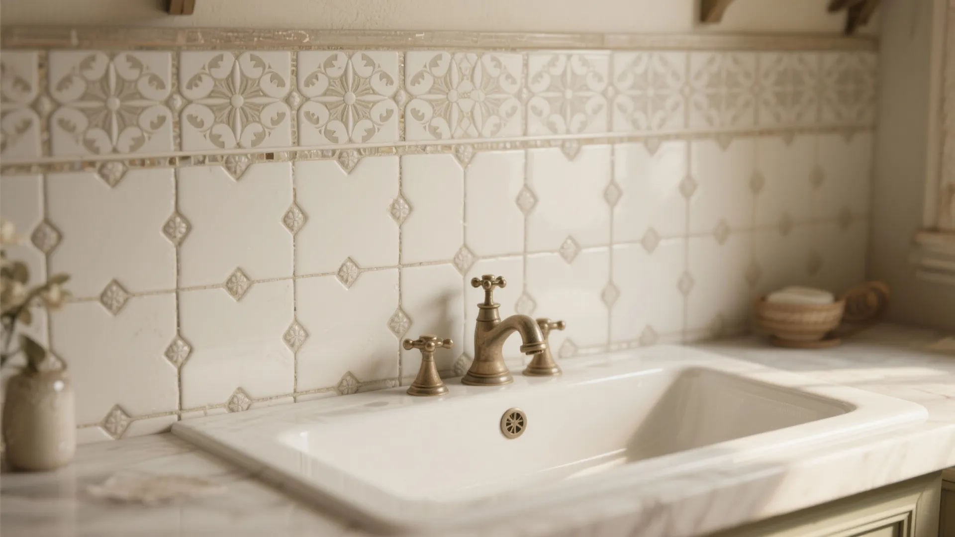 Elegant white bathroom wall tiles with floral patterns behind a classic brass water sink faucet