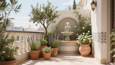 Mediterranean Patio with Fountain and Potted Greens