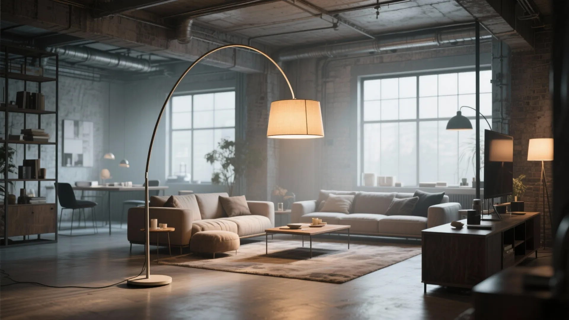 Industrial loft living room featuring a large arched floor lamp over a beige sofa and rug
