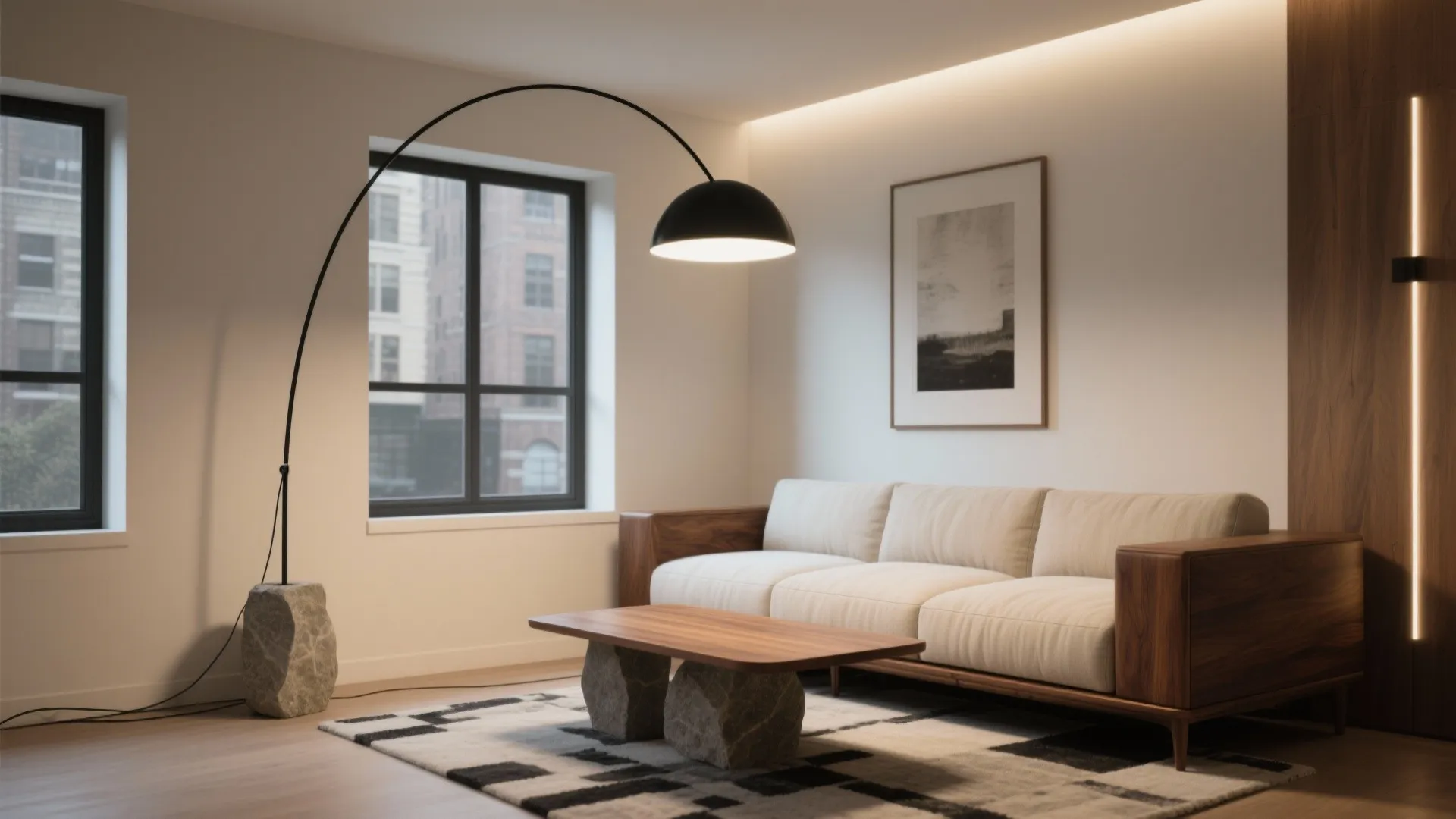 Arc floor lamps that anchor the seating zone