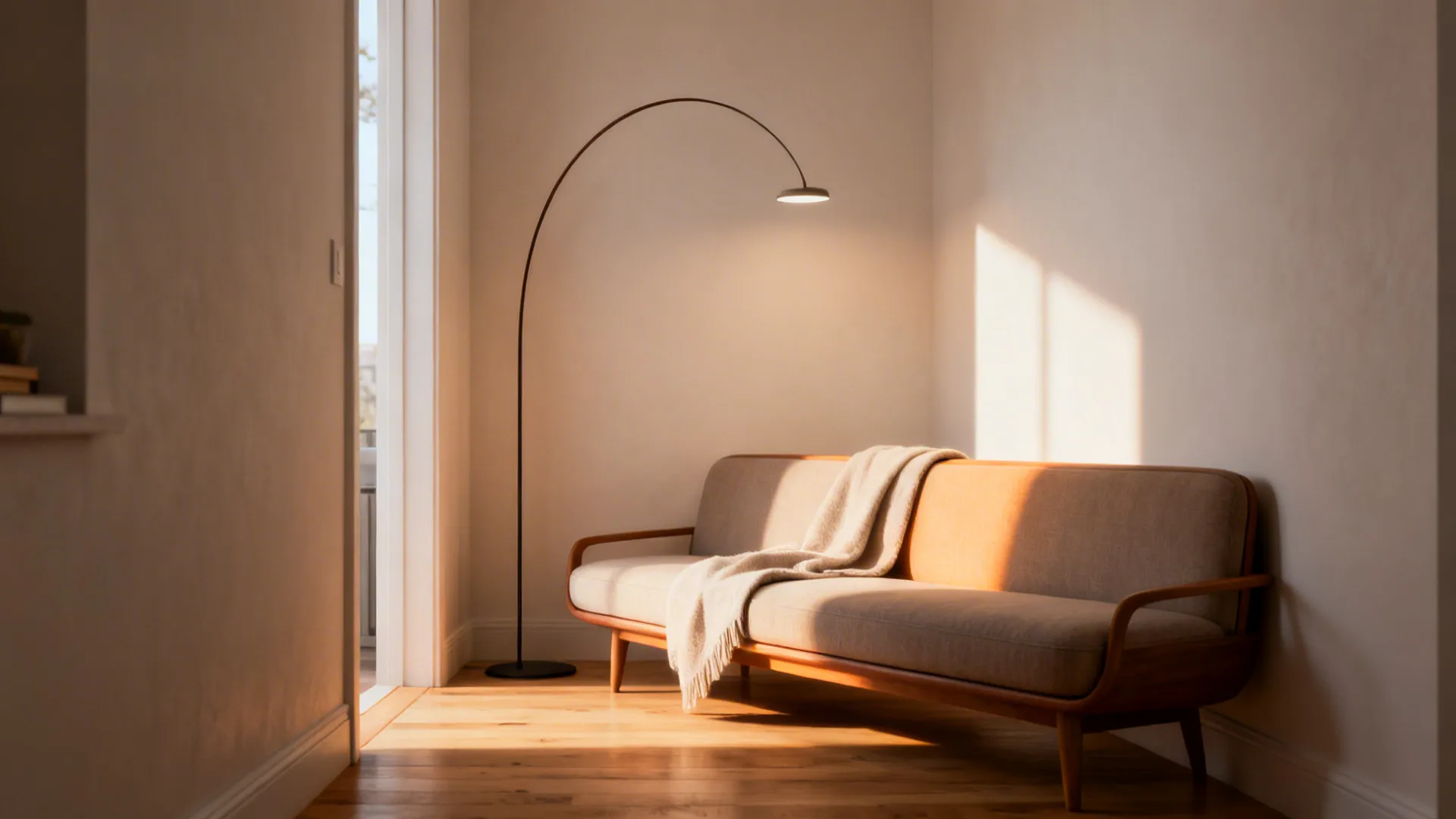 Modern living room corner with wooden sofa, beige blanket, curved floor lamp, and warm natural sunlight