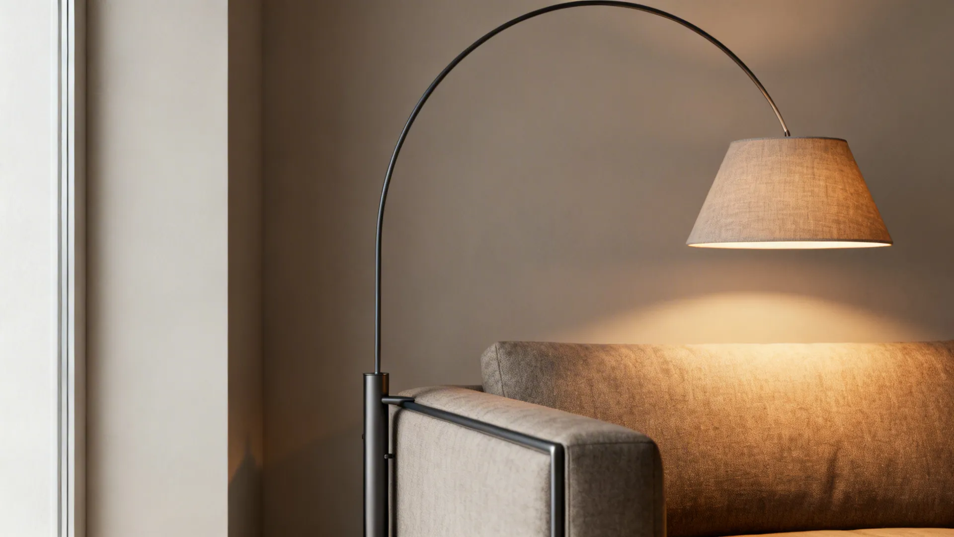 Close-up of an arced floor lamp base and curved arm tucked behind a sofa