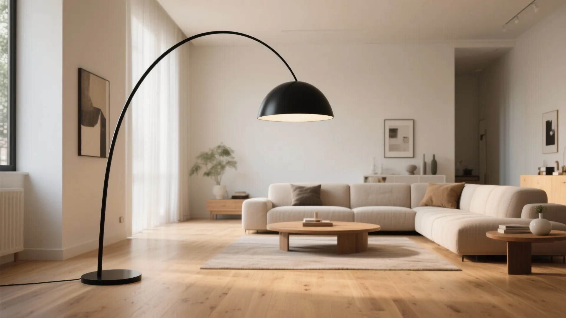 Modern living room with oversized arc floor lamp