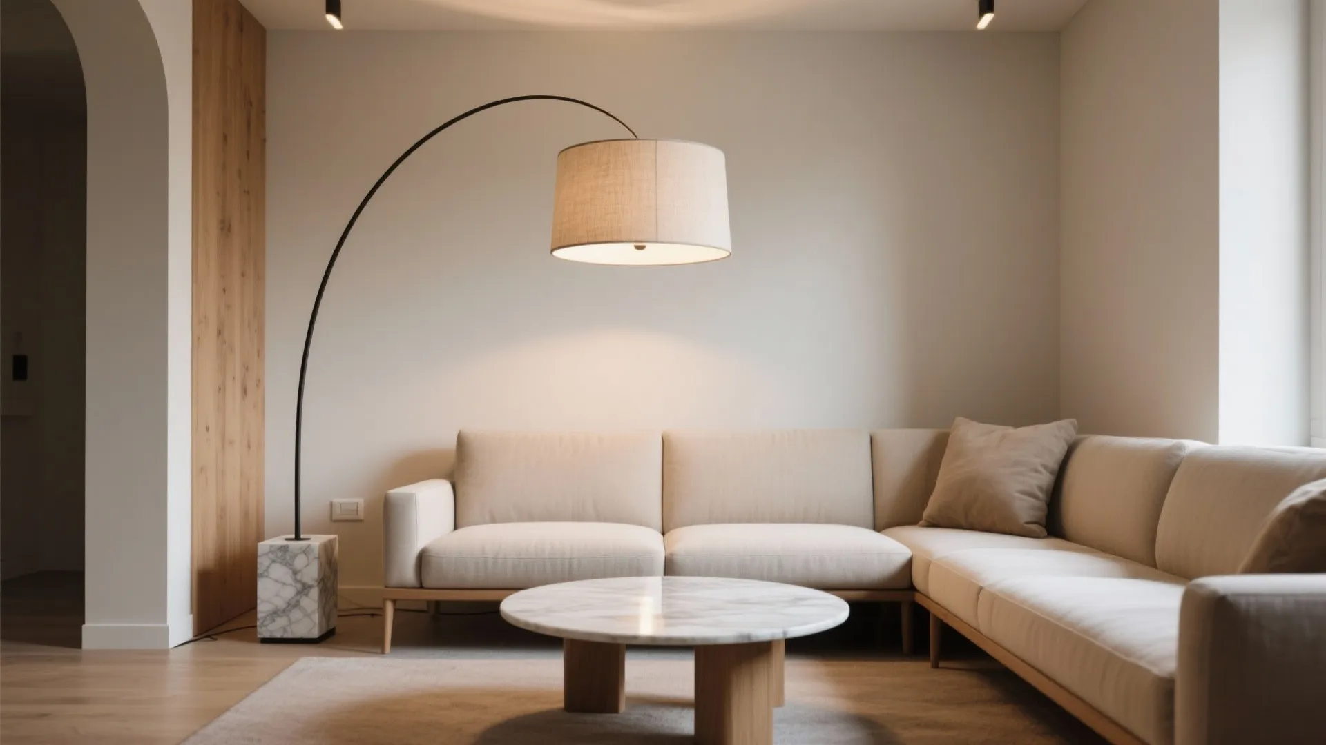 Slim arc floor lamp reaches over a compact sofa and coffee table with a linen drum shade.