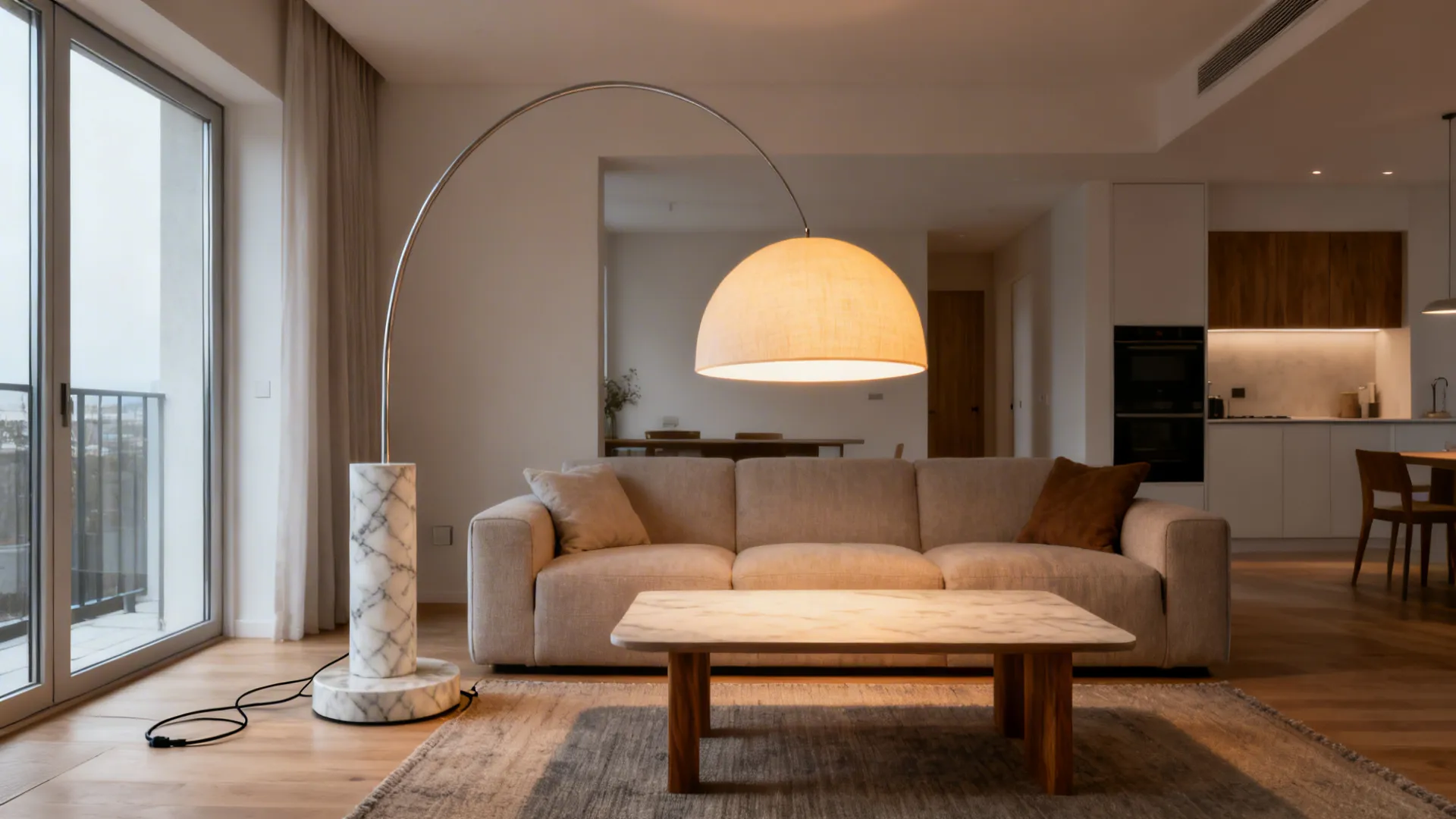Arc floor lamp behind a sofa creating overhead-style glow in a compact living room.
