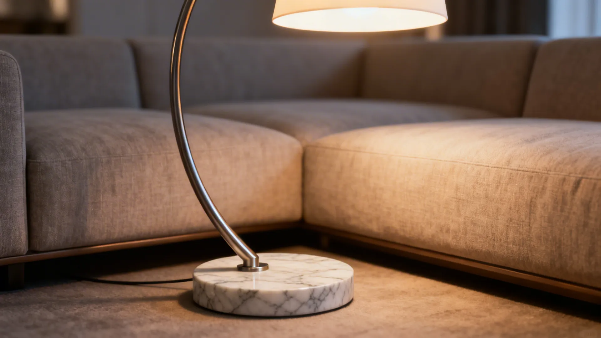 Close-up of an arc lamp's weighted marble base and curved metal arm next to a sofa.