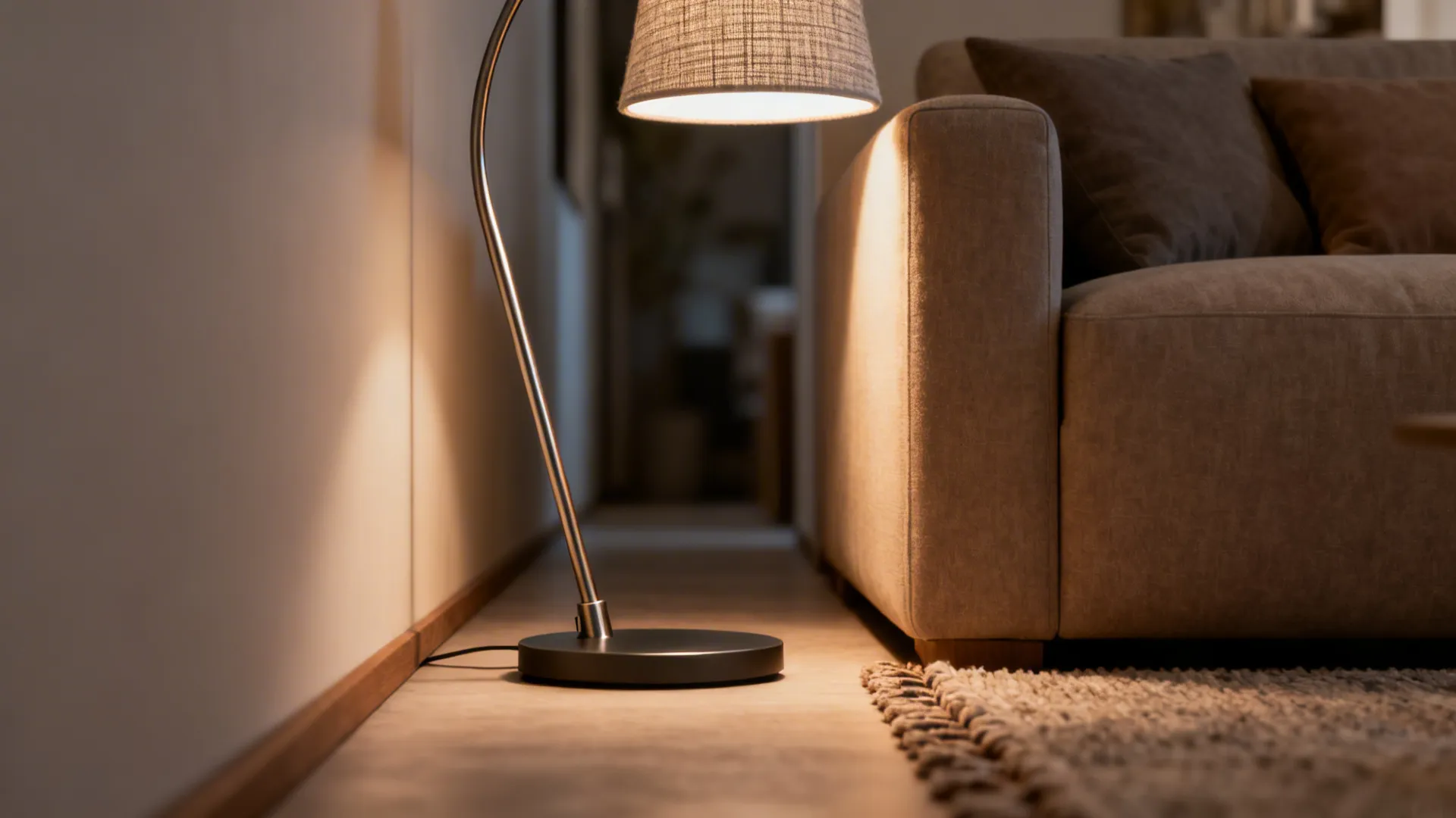 Slim arc floor lamp with low-profile weighted base beside a narrow sofa, showing walkway clearance.