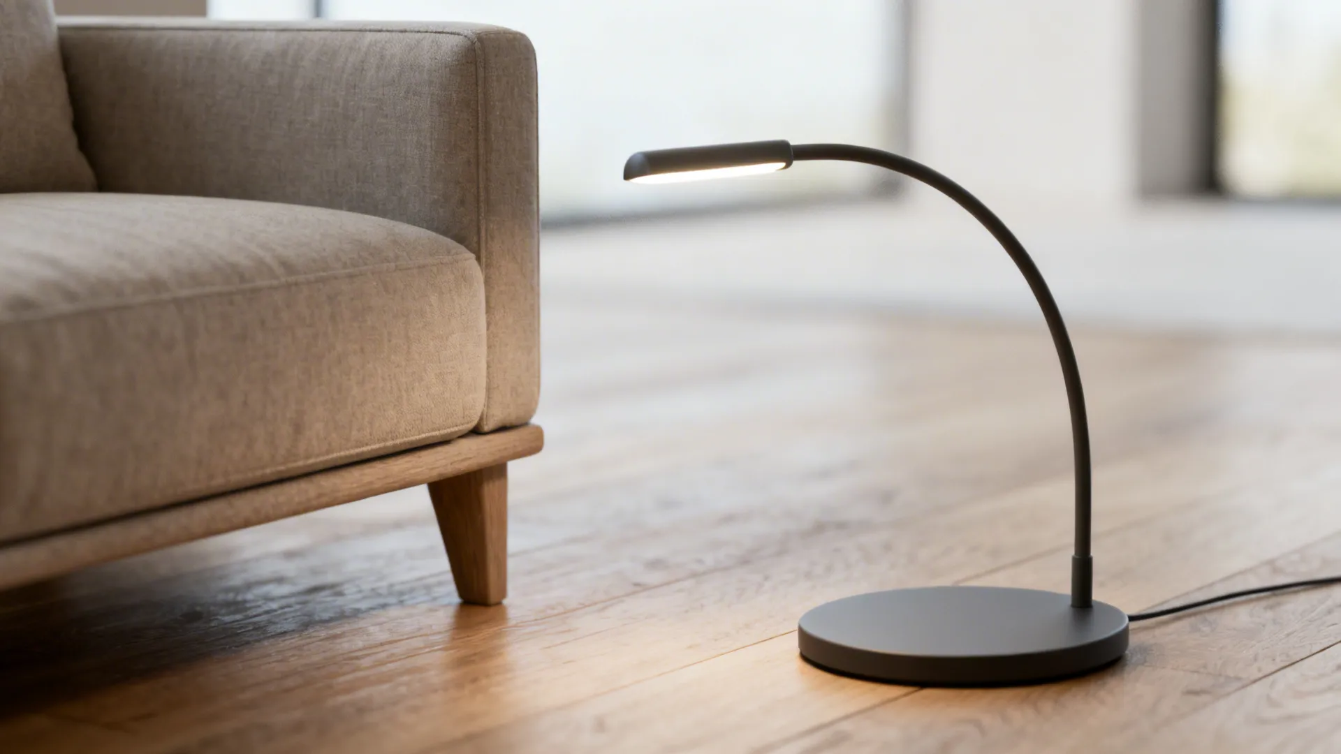 Slim arc floor lamp with low-profile weighted base beside a compact sofa, showing proportion and footprint.