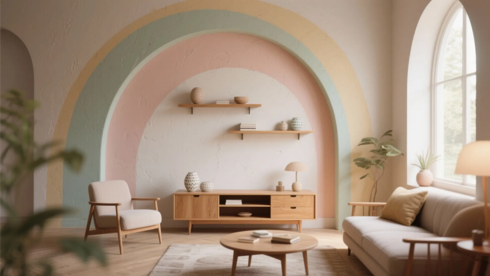 Living room with colorful arch wall paint wooden cabinet sofa armchair and natural window light