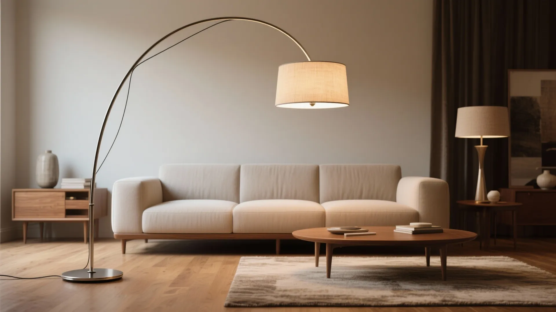 Arc floor lamp with weighted base curving over a sofa, creating overhead light without taking floor space.