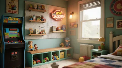 Retro Game-Themed Kids Bedroom with Storage Solutions