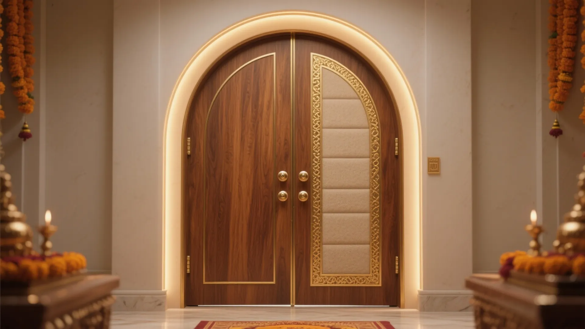 Temple-arch swing door with acoustic core