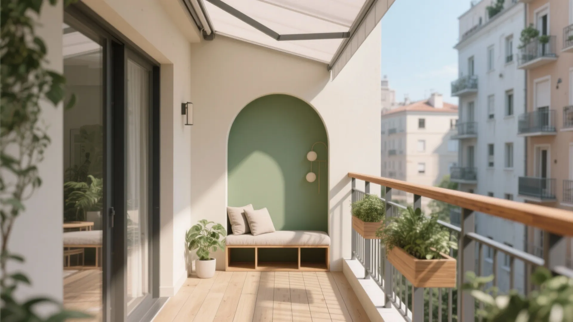 Modern balcony with green arched wall niche wooden bench seat white pillows and potted plants